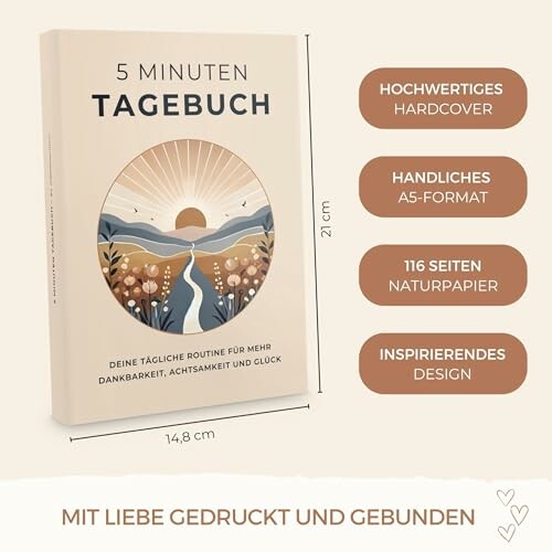 5 Minuten Tagebuch mit Hardcover, A5-Format, 116 Seiten Naturpapier, inspirierendes Design