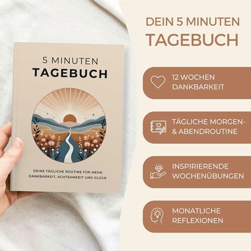 Cover des 5 Minuten Tagebuchs mit Symbolen für Dankbarkeit und Routinen