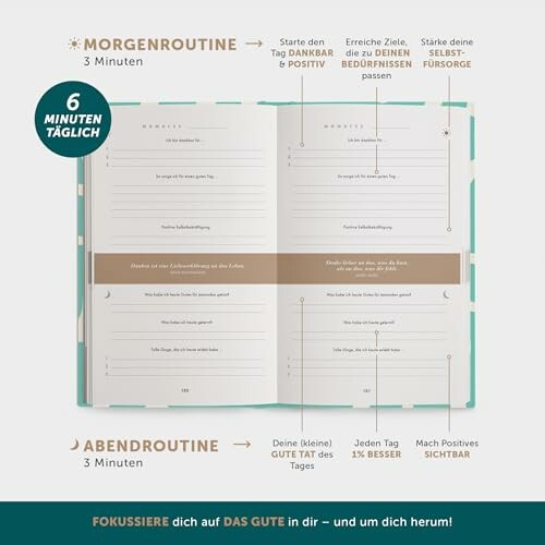 Ein aufgeschlagenes Tagebuch mit Morgen- und Abendroutine-Anleitungen.