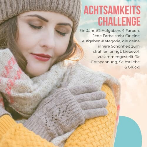 Frau in Winterbekleidung mit Text zur Achtsamkeits-Challenge.