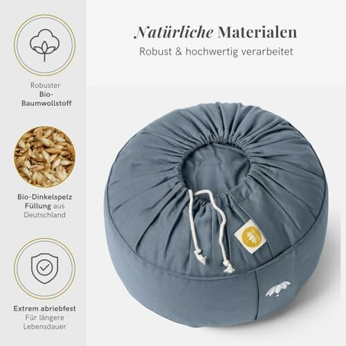 Runder Sitzpouf mit natürlichem Bio-Dinkelspelz und Baumwollstoff