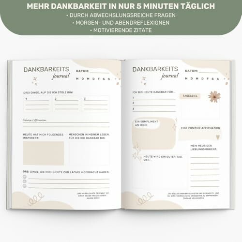Dankbarkeitsjournal mit Fragen und Reflexionen auf Deutsch.