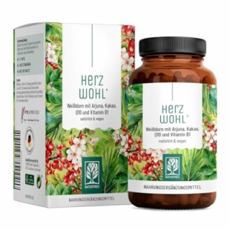 Herz Wohl Nahrungsergänzungsmittel mit Arjuna, Kakao, Q10 und Vitamin B1.