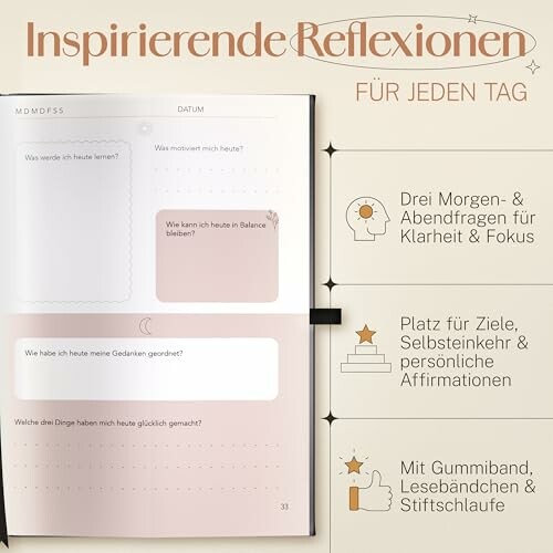 Tägliches Reflexionsjournal mit Fragen und Platz für Notizen.