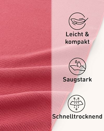 Rosa Mikrofaserhandtuch mit Merkmalen: leicht, saugstark, schnelltrocknend.