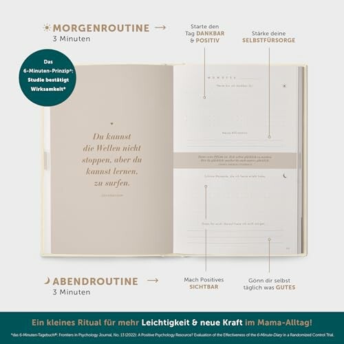 Offenes Buch mit Morgen- und Abendroutine-Anleitungen in deutscher Sprache.