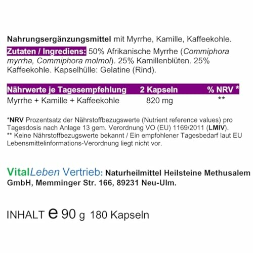 Verpackung von Nahrungsergänzungsmittel mit Myrrhe, Kamille und Kaffeekohle.