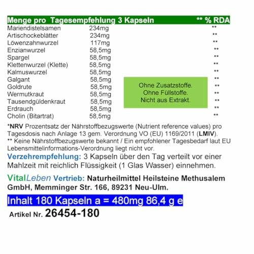 Nährwertangaben und Zutatenliste von Kapseln.