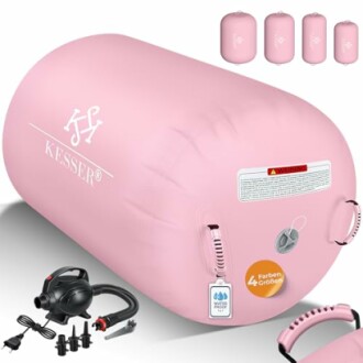 Aufblasbare rosa Badewanne mit Zubehör und Pumpe.