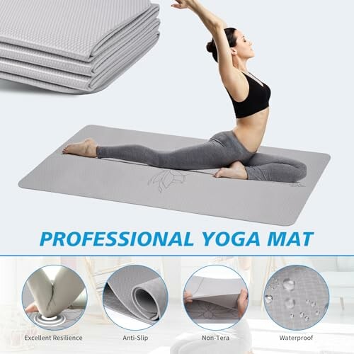 Frau in Yoga-Pose auf grauer Yogamatte