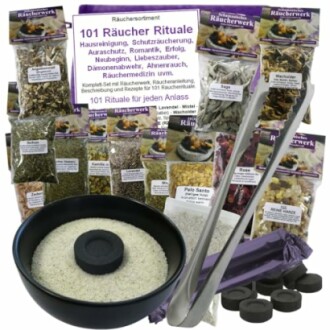 Räucherwerk Set mit verschiedenen Kräutern und Zubehör.