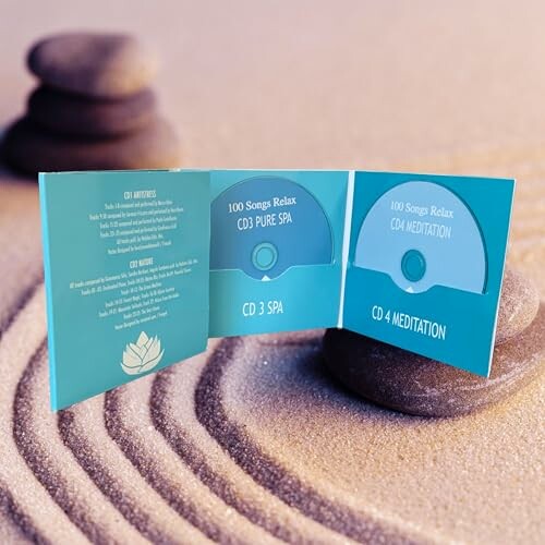 Offene CD-Hülle auf Steinen im Sand.