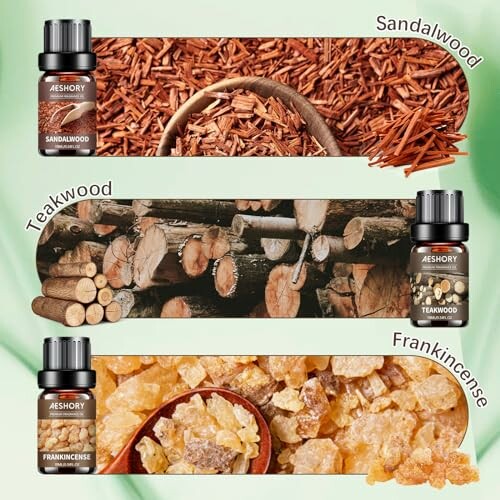 Ätherische Öle von Sandelholz, Teakholz und Weihrauch mit Holz- und Harzhintergrund.