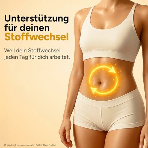 Frau in Sportbekleidung mit Stoffwechselgrafik auf dem Bauch.