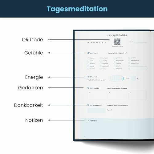 Tagesmeditation Vorlage mit QR-Code, Gefühle, Energie, Gedanken, Dankbarkeit und Notizen.
