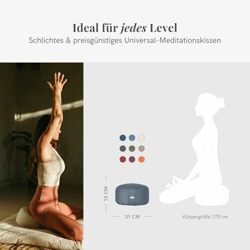 Frau meditiert auf einem Kissen mit Farboptionen und Maßen.