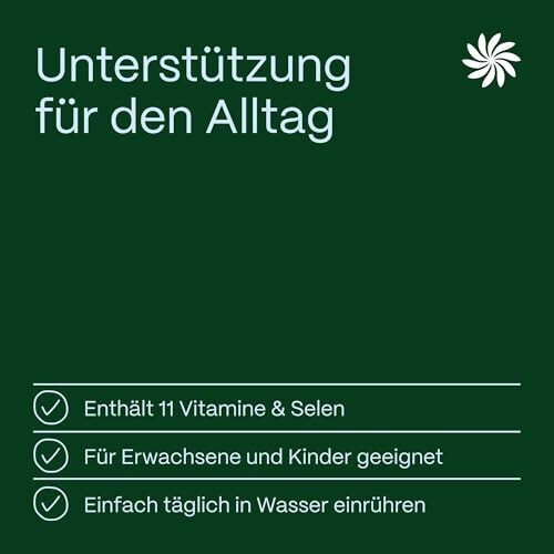 Werbung für ein Produkt mit 11 Vitaminen und Selen, geeignet für Erwachsene und Kinder.