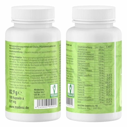 Zwei Flaschen mit veganem Nahrungsergänzungsmittel, Inhaltsstoffe sichtbar