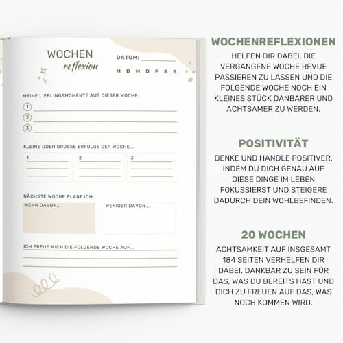 Wochenreflexion Notizbuch mit Abschnitten zum Ausfüllen und positivem Denken.