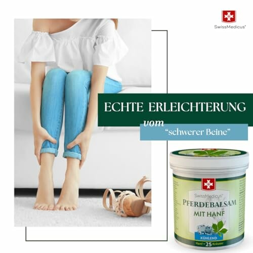 Frau hält ihre Beine mit Pferdebalsam im Vordergrund.