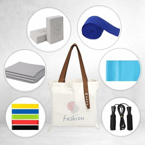 Yoga-Zubehör-Set mit Tasche, Blöcken, Gurt, Handtuch, Widerstandsbändern und Springseil.