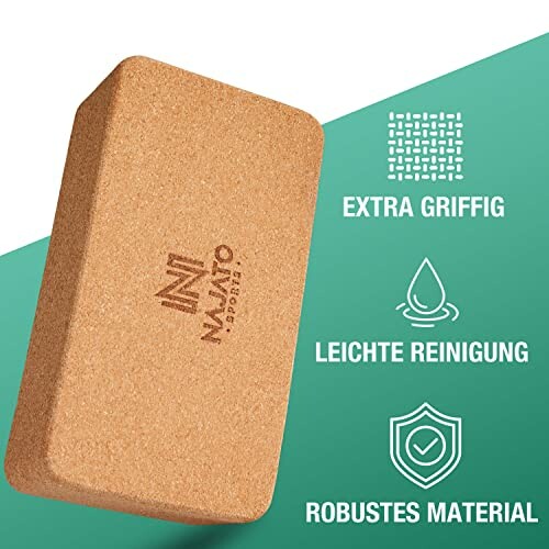 Yoga-Block aus Kork mit Eigenschaften wie extra griffig, leichte Reinigung und robustes Material.