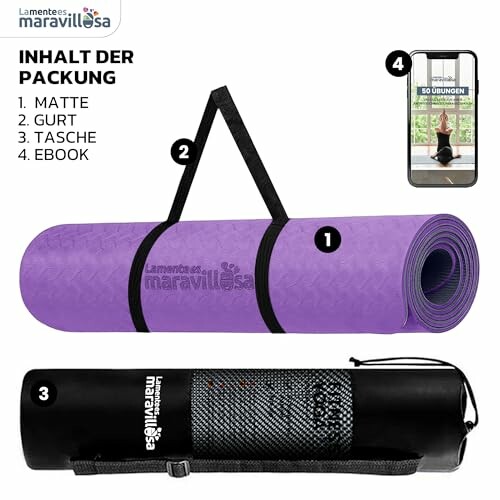 Lila Yogamatte mit Zubehör und Smartphone-App