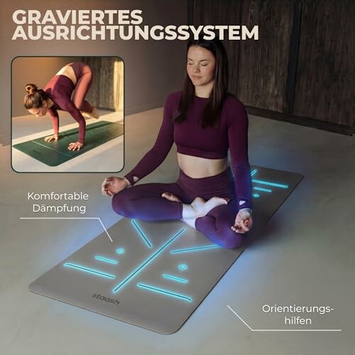 Frau meditiert auf einer Yogamatte mit Lichtern zur Ausrichtung.